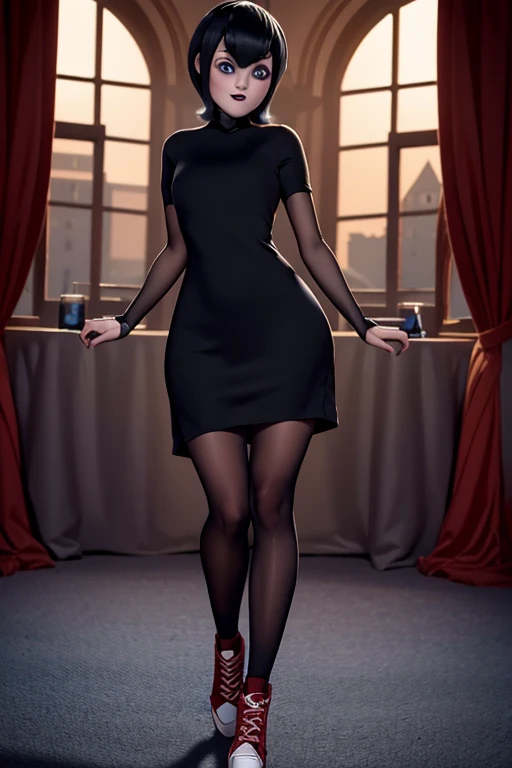 Mavis dracula vestido negro ajustado con mangas y escote sexy, gothic makeup short hair bob style thick and voluminous lips perfect detailed blue eyes pale skin long open legs red Converse tennis shoes slender body 1.2 high resolution 12k image on the castle balcony 