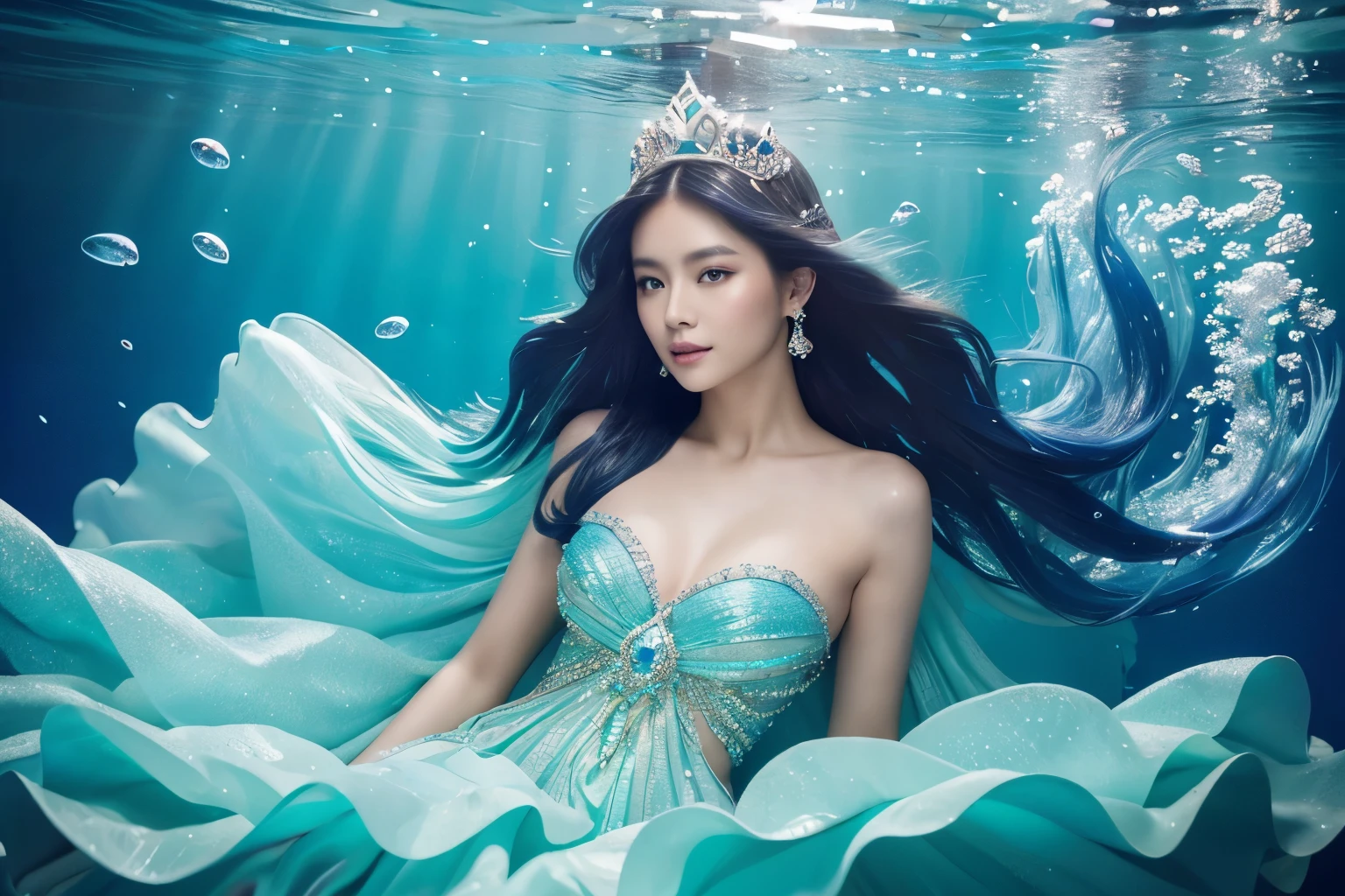 Asian woman
Select a flowing, iridescent gown reminiscent of the sea.
Adorn the hair with a seashell crown or jeweled tiara.
Concept: Create an enchanting underwater fantasy with shimmering accessories.
Nikon d850 85 mm high angle shot looking towards the camera