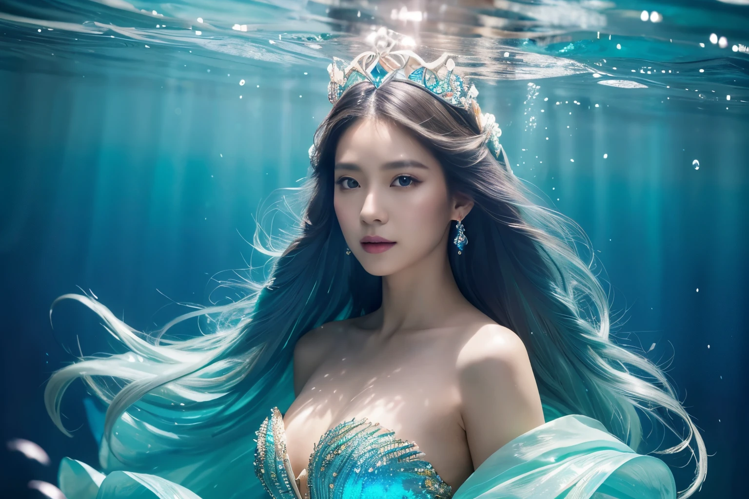 Asian woman 
Select a flowing, iridescent gown reminiscent of the sea.
Adorn the hair with a seashell crown or jeweled tiara.
Concept: Create an enchanting underwater fantasy with shimmering accessories.

 Nikon d850 85 mm high angle shot looking towards the camera