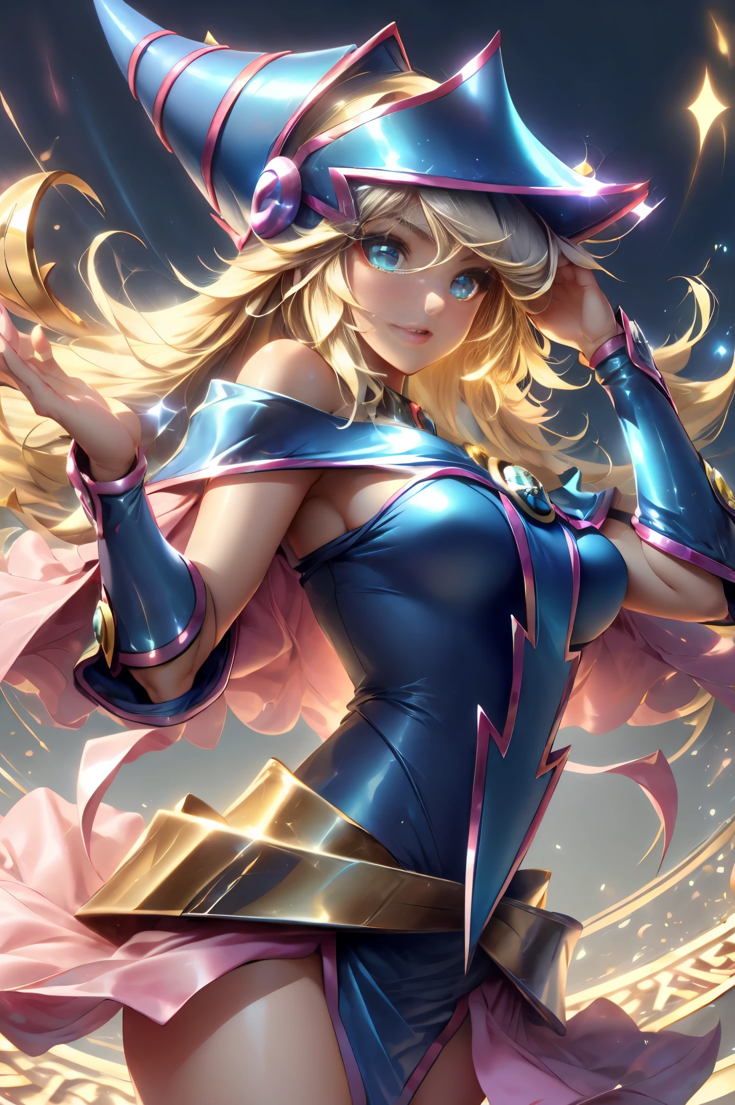 Dark magician gils vestida como la diosa arena de Saint Seiya. Vestido blanco, ajustado, blanco. Cabello rubio. Ojos azules. Labios rojos. Cuerpo completo. Fondo de Athena. Pose sensual y inocente. Magic circle around you. Heart magic in the air.