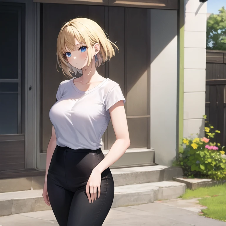 masterpiece, best quality, 1girl, solo, mature female, venusbody, straight hair, short hair, blonde hair, blue eyes, white t-shirt, black pants, outdoors