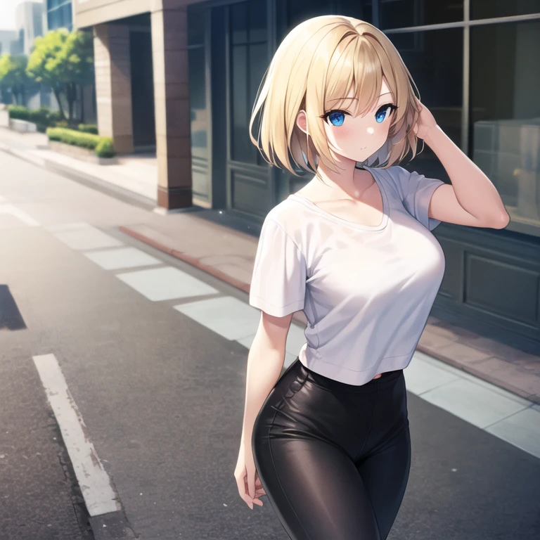 masterpiece, best quality, 1girl, solo, mature female, venusbody, straight hair, short hair, blonde hair, blue eyes, white t-shirt, black pants, outdoors