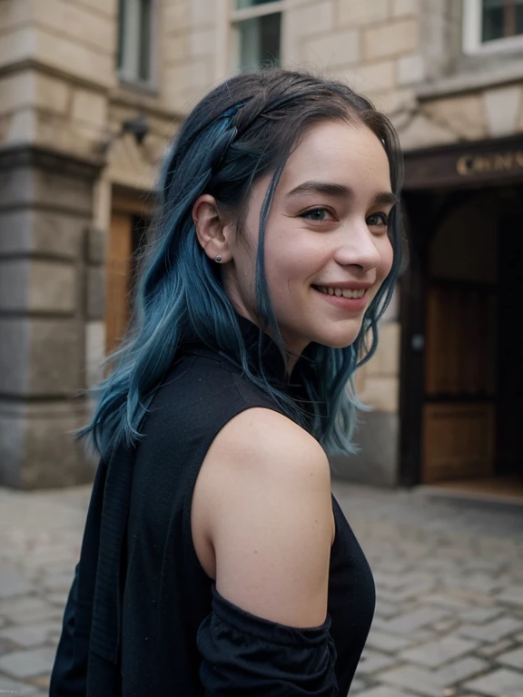 21 year old smiling woman blue hair Emilia Clarke face, elegant black clothes, side picture