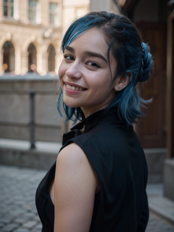 21 year old smiling woman blue hair Emilia Clarke face, elegant black clothes, side picture