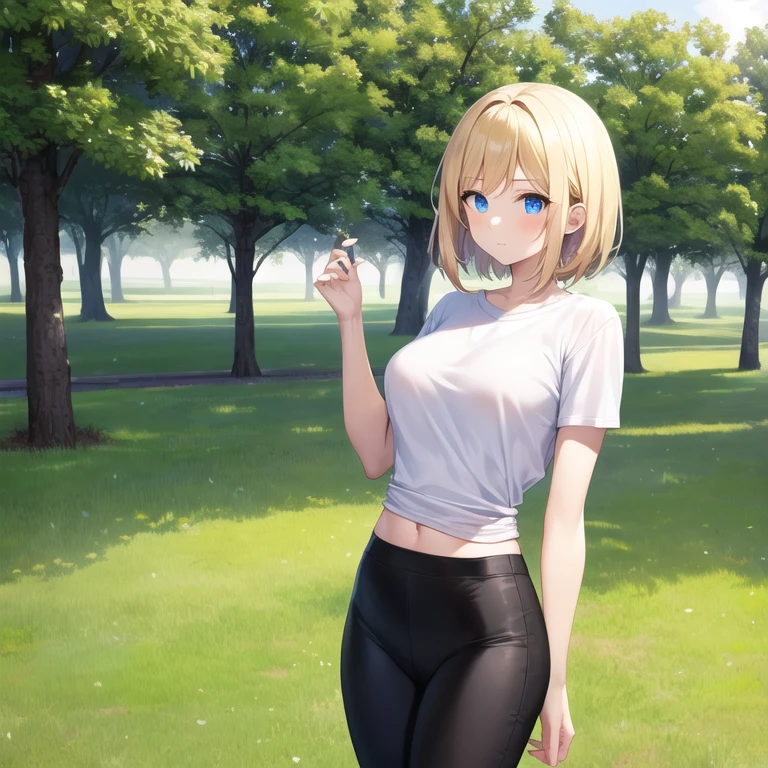 masterpiece, best quality, 1girl, solo, mature female, venusbody, straight hair, short hair, blonde hair, blue eyes, white t-shirt, black pants, outdoors