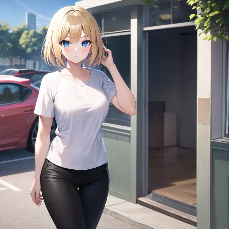 masterpiece, best quality, 1girl, solo, mature female, venusbody, straight hair, short hair, blonde hair, blue eyes, white t-shirt, black pants, outdoors