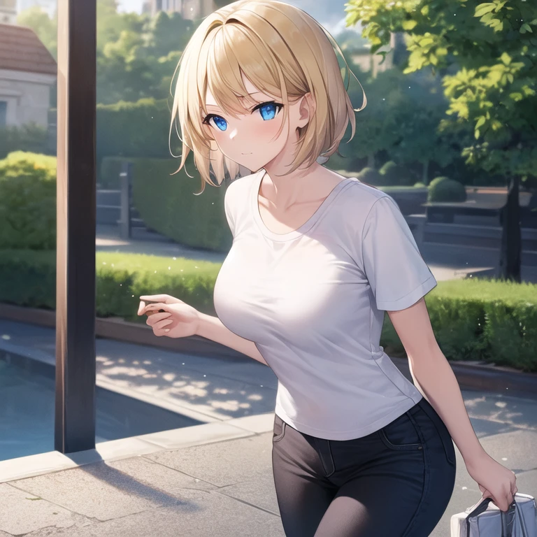 masterpiece, best quality, 1girl, solo, mature female, (venusbody), straight hair, short hair, blonde hair, blue eyes, white t-shirt, black pants, outdoors