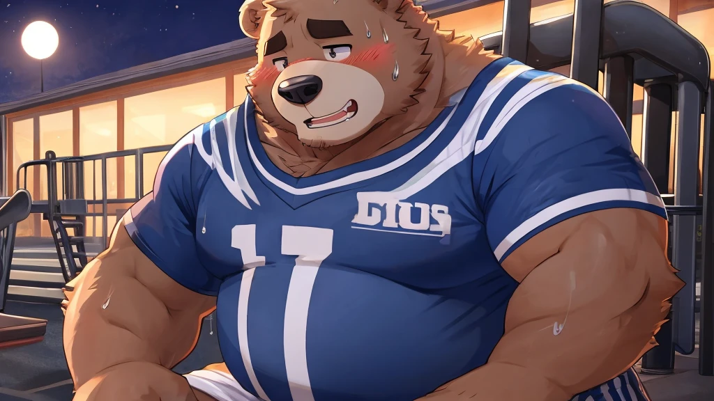 , Musclegut, big chest, cute bear boy,Sports Uniforms , blush, embarrassing, grit your teeth, squat,masturbation, sweating, Precum drips, testis, school playground, night, two persons