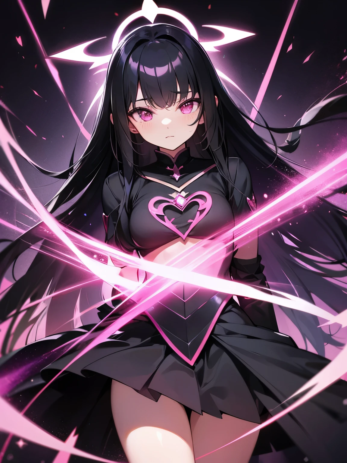 black hair pink eyes Magical girl long hair Black costume Light pink fallen Angel