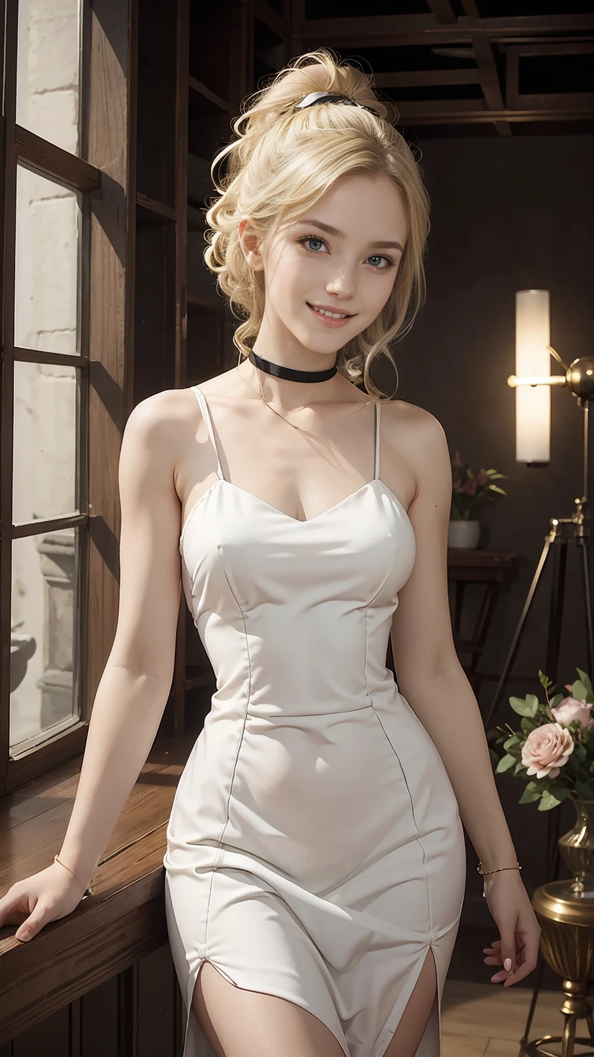 22 year old white female、hair color is blonde、eye color is blue、long hair、setting hair、Have a ponytail、accessories on wrist、I&#39;m wearing a choker、skin is smooth、smile、Slender but muscular body、My heart is pounding、high resolution、Skin is shiny、wearing the hourglass dress、I&#39;m wearing pumps、In front of Horizont in the photo studio、Flowers are arranged in a vase on a narrow medieval table.