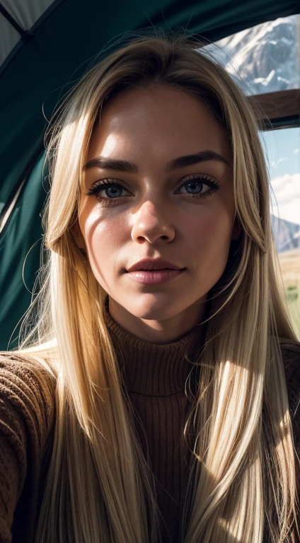 1 woman, American, beautiful, ((upper body selfie, happy)), Shooting in a tent, Beautiful backlight, Tent Open Sign,Masterpiece, Best Quality, Ultra-detailed, Solo, exteriors, (natta), mountains, Nature, (sao, the moon) cheerful, happy,, Cosy in a sleeping bag, Inside the tent, When you open the tent, You can see some nice horsemen outside.., woods, rock formations, rivers, wood, smoke, shadowy, contrast, clear skies, analog style (looking up at viewer:1.2) (skin texture) (film grain:1.3), (warm hue, warm tone:1.2), close-up, Cinematic light, Sidelighting, The ultra-Highres, best shadows, ...raw, upper half body, wearing pullover, Relaxed and intimate photos, with long blond hair,