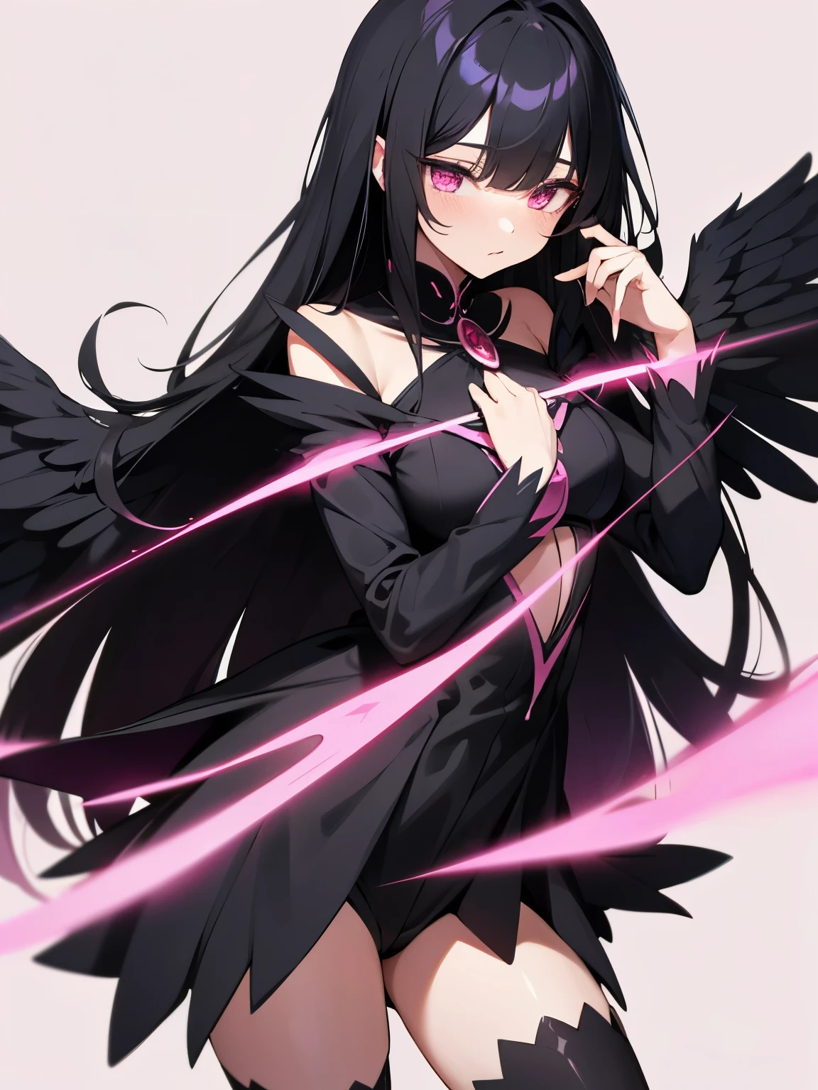 black hair pink eyes Magical girl long hair Black costume Light pink fallen Angel Black wings