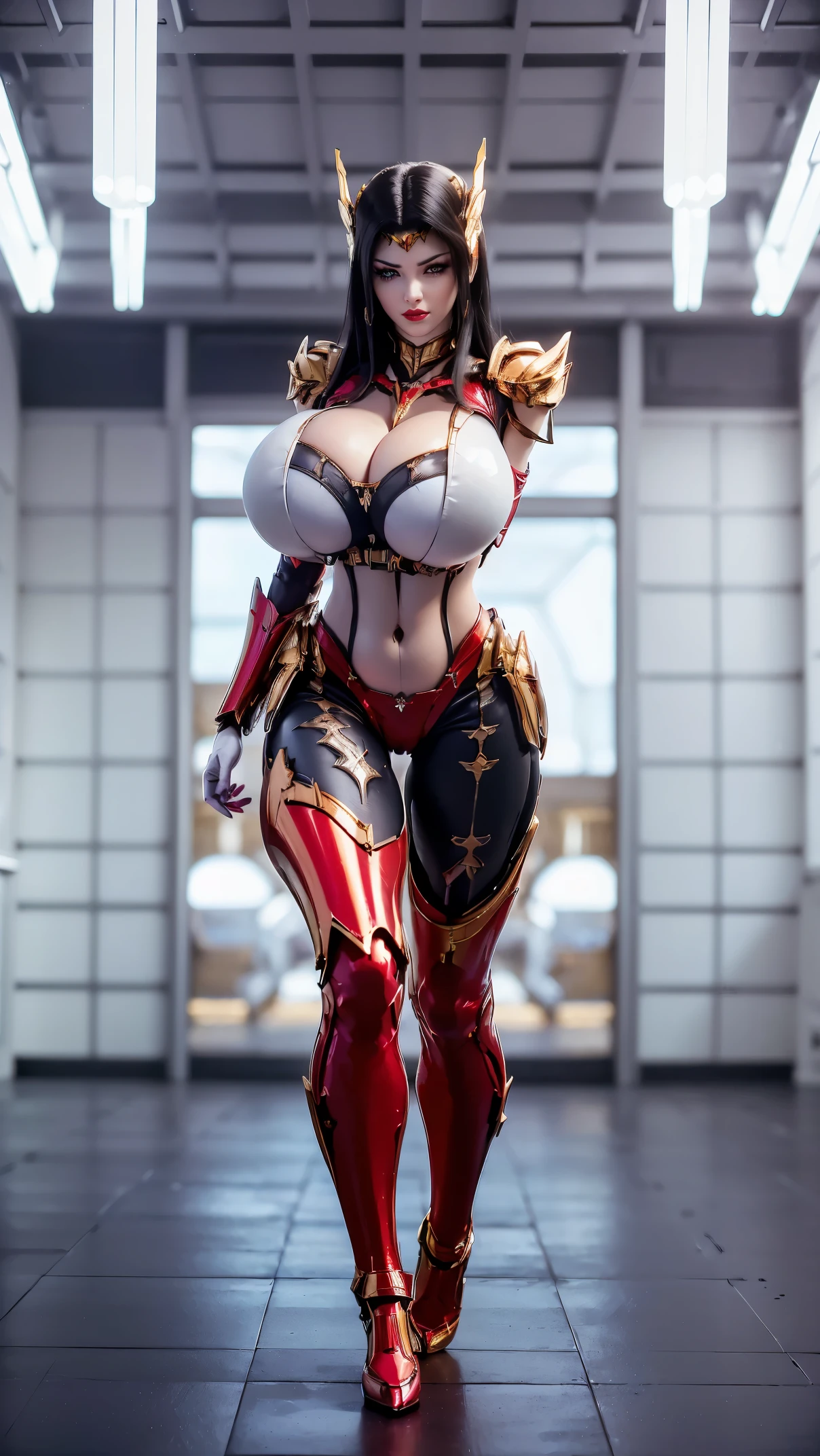 A beauty girl with black hair, (HYPER-REALISTIC:1.5), (PHOENIX GOLD HELM:1.1), (BIGGER BUTTOCK,HUGE FAKE BREAST:1.5), (CLEAVAGE:1.5), (BARE MUSCLE ABS:1.3), (MECHA GUARD ARMS:1.1), (RED SHINY FUTURISTIC MECHA BODY, BLACK MECHA SKINTIGHT LEGGINGS, WHITE MECHA GUARD ARMOR LEGS, HIGH HEELS:1.5), (MUSCULAR BODY, WETS SWEATY SKIN, SEXY LONG LEGS:1.1), (LOOKING AT VIEWER:1.3), (female focus:1), (GIRL WALKING ON HALLROOM OF FUTURISTIC SPACE STATION:1), (BRIGHT LIGHT WHITE_ROOM:1.3), HYPER TEXTURE, 4X MSAA, UNREAL ENGINE RENDER, PHYSICALLY-BASED RENDERING, ULTRA HIGHT DEFINITION, 16K, 1080P.