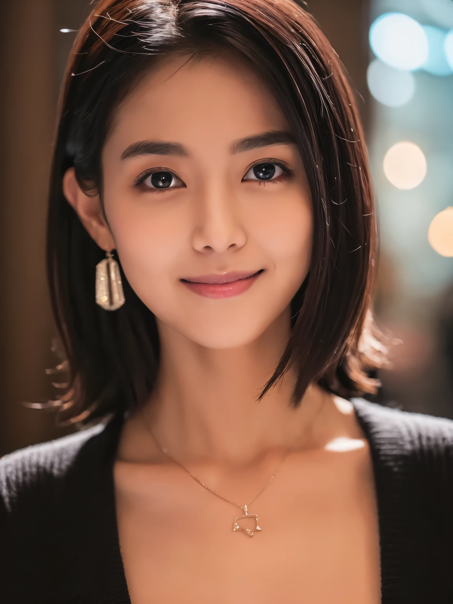 ((Night, Realistic Light, Best Quality, 8K, Masterpiece: 1.3)), Japanese, 1girl, Slim Beauty: 1.4, Abs: 1.1, (Black hair, small breasts: 1.3), Long pink sweater: 1.1, Bathroom, Super fine face, Delicate eyes, Double eyelids, smile, necklace