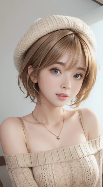 (Masseter muscle part:1.3)、(8K、Photoreal、Raw photo、highest quality: 1.4)、(1 girl)、beautiful face、(lifelike face)、(Light Beige Mixed Hair、short hair:1.3)、(super big )、off shoulder sweater、It&#39;s sticking out 、appear、((Sexy))、beanie、Wearing a knitted cute pom-pom hat、necklace、(Display hats on the screen)、realistic eyes、beautiful details、（beautiful skin）、beautiful skin、absurd、attractive、Super high resolution、surreal、high detail、golden ratio