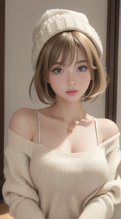 (Masseter muscle part:1.3)、(8K、Photoreal、RAW photo、highest quality: 1.4)、(1 girl)、beautiful face、(lifelike face)、(Light Beige Mixed Hair、short hair:1.3)、(big breasts)、off shoulder sweater、that'sticking out 、appear、((sexy))、beanie、Wearing a knitted cute pom-pom hat、necklace、(Display hats on the screen)、Realistic eyes beautiful details、(本物にappear肌)、beautiful skin、absurd、Charm、ultra high resolution、surreal、high detail、golden ratio