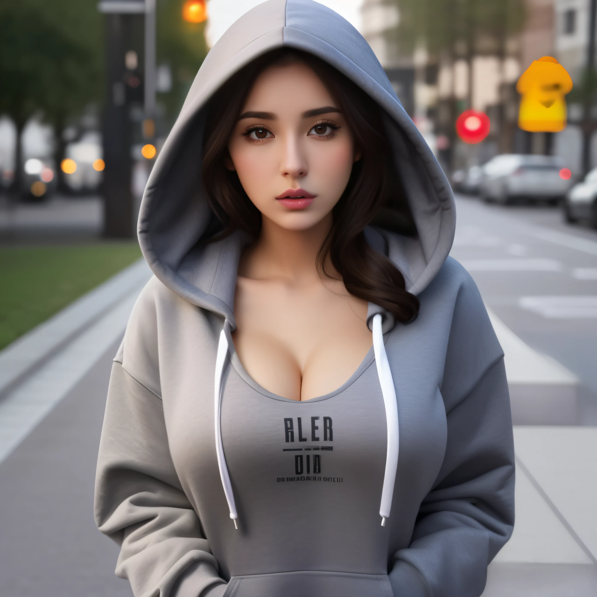 arafed woman in a hoodie posing for a picture, girl wearing hoodie, in a hood, side boob shown. large cleavage, sexy girl, wearing hoodie, cleavage, brunette haired girl wearing hoodie, wearing a hoodie, mia khalifa, clothed in hooded, portrait sophie mudd, very beautiful woman, attractive girl, gray hoodie, in a black hoodie, gorgeous latina face, 3d animation style. 8k