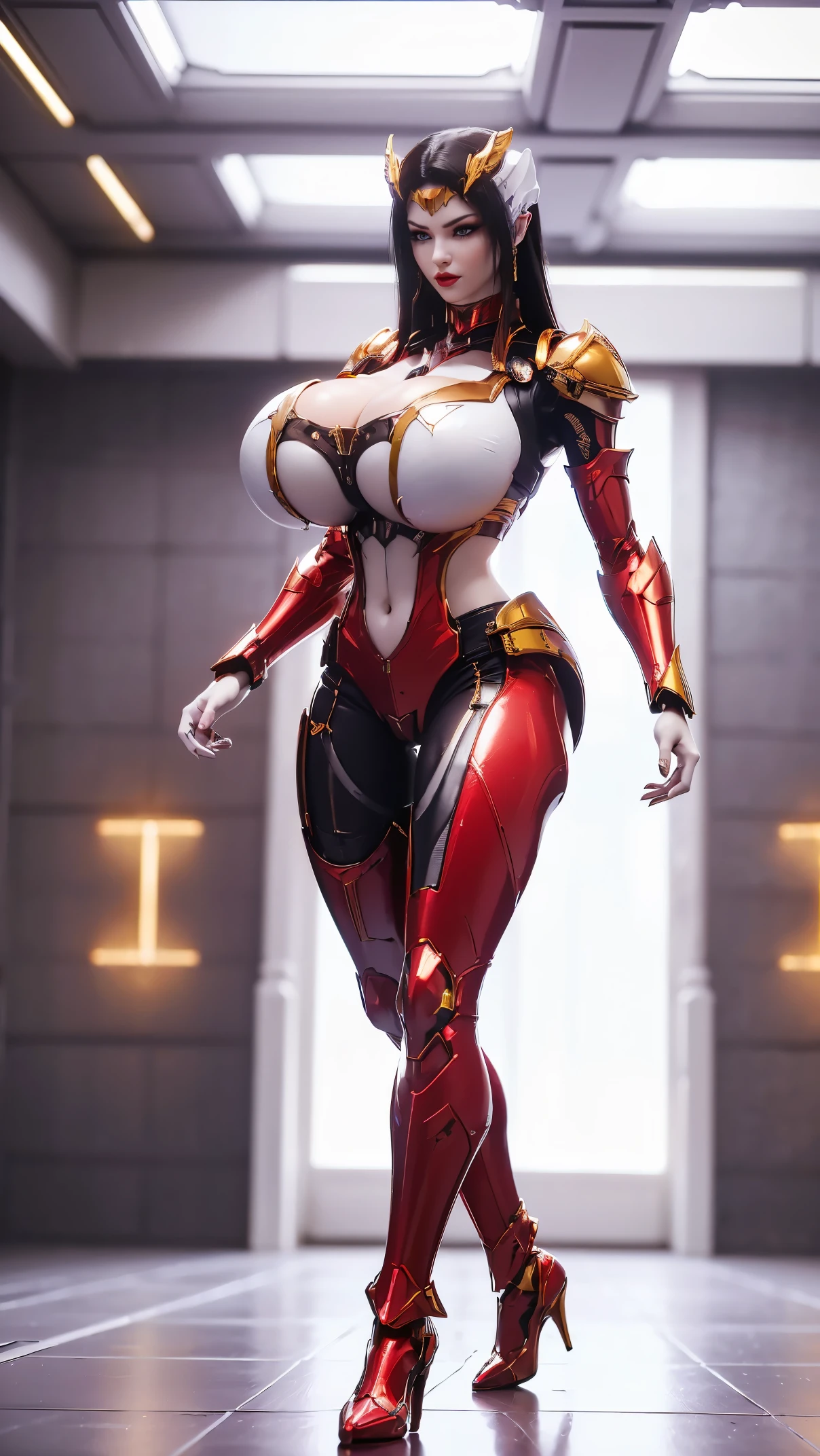 A beauty girl with black hair, (HYPER-REALISTIC:1.5), (PHOENIX GOLD HELM:1.1), (BIGGER BUTTOCK,HUGE FAKE BREAST:1.5), (CLEAVAGE:1.5), (BARE MUSCLE ABS:1.3), (MECHA GUARD ARMS:1.1), (RED SHINY FUTURISTIC MECHA BODY, BLACK MECHA SKINTIGHT LEGGINGS, WHITE MECHA GUARD ARMOR LEGS, HIGH HEELS:1.5), (MUSCULAR BODY, WETS SWEATY SKIN, SEXY LONG LEGS:1.1), (LOOKING AT VIEWER:1.3), (female focus:1), (GIRL WALKING ON HALLROOM OF FUTURISTIC SPACE STATION:1), (BRIGHT LIGHT WHITE_ROOM:1.3), HYPER TEXTURE, 4X MSAA, UNREAL ENGINE RENDER, PHYSICALLY-BASED RENDERING, ULTRA HIGHT DEFINITION, 16K, 1080P.