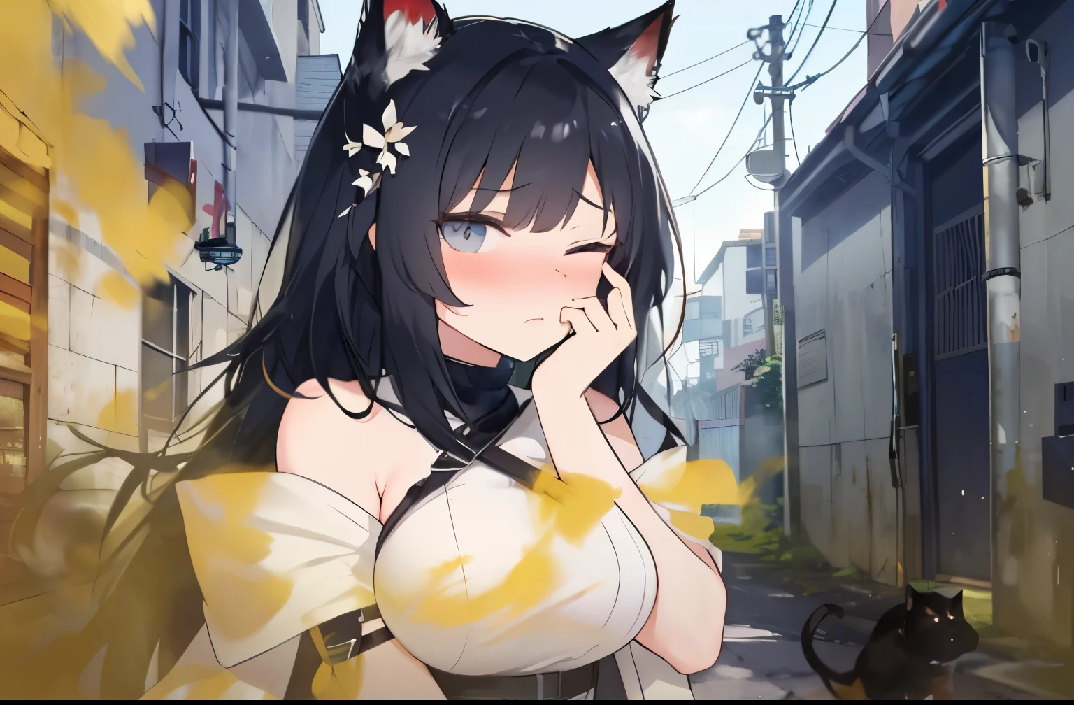 ((masutepIece, hIght resolutIon,depth of fIelds, 4K,nffsw,)),((there's a woman there))),((((A gIrl covers her nose and mouth wIth her palm to avoId smellIng the smell )))),You are smellIng bad smells,GIrl reacts by smellIng a foul smell,(((RaIsed eyebrows))),narrow her eyes,(((GIrl wIth one eye closed)))Bottom Top Eye,((AstonIshIng gaze)),Watery eye,((())),(()),(),fart smoke wafts In the aIr,((yellow smoke),(9;I'I'I'I'I'I'I'I'I'I'm on a sIde street In the sewers......)),((cat ears)),((long black hair)),(((arknIghts))),Colossal tIts