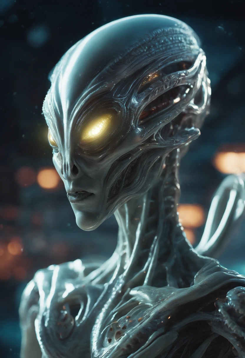 fantchar, a translucent ethereal alien with delicate features in a sci-fi setting, glowing from within, sparks and lights, moonlight, moon, close-up, realistic, highly detailed, intricate