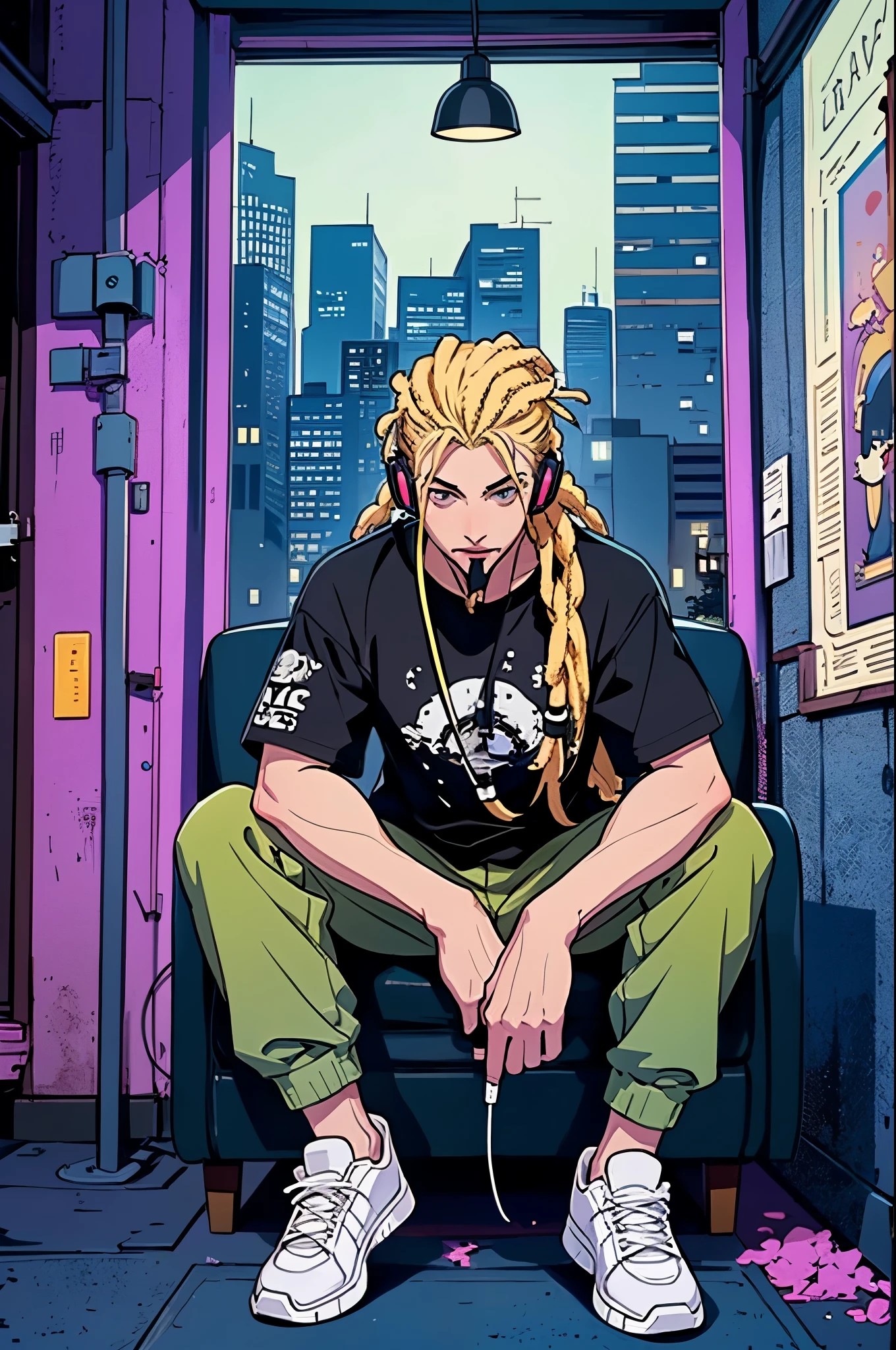 male character, goatee, blonde Dreadlock, cigarette in mouth, headphones on, cell phone in hand, black t-shirt, camouflaged pants, white sneakers, sitting in a chair looking at window, dark environment, window showing the city at night, anime style, lofi boy, lofi vibe