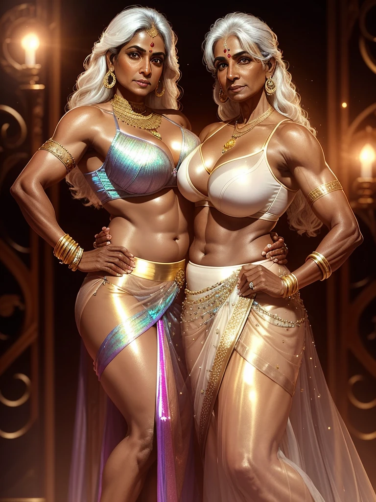 pavna, a 50-year-old indian ifbb, dark skinned, white hair, thick lips, wearing a iridescent sheer skirt and a shiny gold bra 