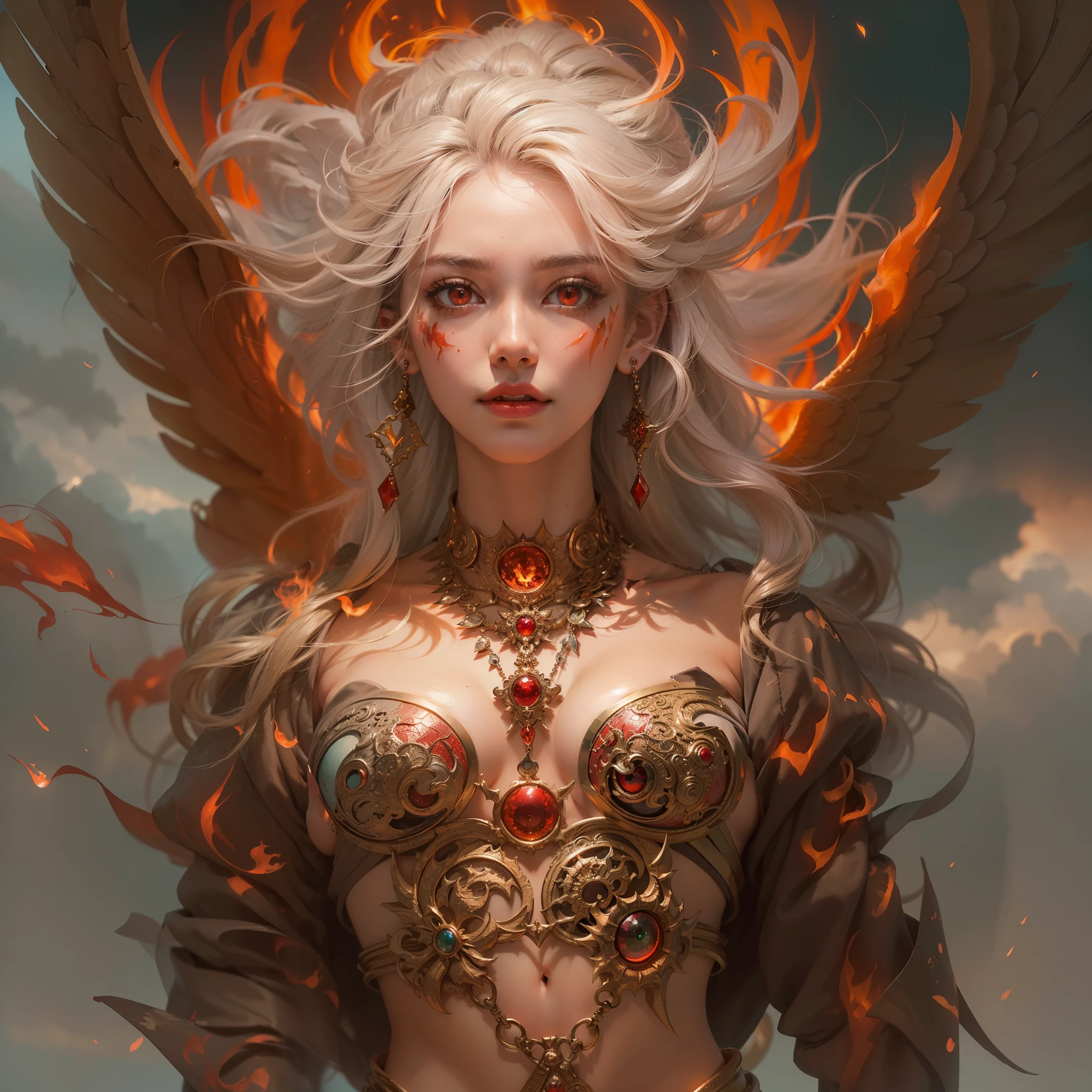 number々Award-winning masterpieces of, with incredible detail, textures and maximum detail), (hyper Realistic:1.4), (Realistic:1.3), (Top quality real texture skins), (precise, Perfect circle, Symmetrical, Eye-catching, Delicate face, ((medieval world)), (((full-length portrait))), ((angel of fire)), ((angel of hell fire)), (let your eyes burn brightly ), (((full-body standing image))), (She has a mischievous smile on her face), (Eyes that glow red in the dark:1.5), (A pair of red eyes with strong red light emitting from within:1.5),  bio luminescent, (背景にSwirling flamesと炎), (Dramatic light), (A majestic sight), (Her countenance is gentle and beautiful, however、Somehow horrible), Glass earrings on the ears, (dramatic photography:1.4), (((gives full-body standing image))), ((dramatic pose)), (flamboyant photo), (Golden hair), (Silver hair), (Chestnut hair), short cut hair, ((looks up)), ((Looking down)), (Around her neck is an elaborately crafted necklace..), (bio luminescent with brilliant brilliance:1.3), (Use fancy flame magic:1.2), (Swirling flames), The Great Temple of the Devil,  cathedral、 (Luminous magic circle), Ruins of an ancient castle, Shining majestic cloud masses and sky, lightning bolt, epic Realistic, Faded, Art Book, (Greg Rutkowski:0.8), (teal and orange:0.4), (Art Book station:1.5), Cinematic, ((Neutral colors)), (nffsw:1.5), (Muted colors:1.2), Hyper Detailed, Dramatic light, (Intricate details:1.1), Complex background,fierce flames surround