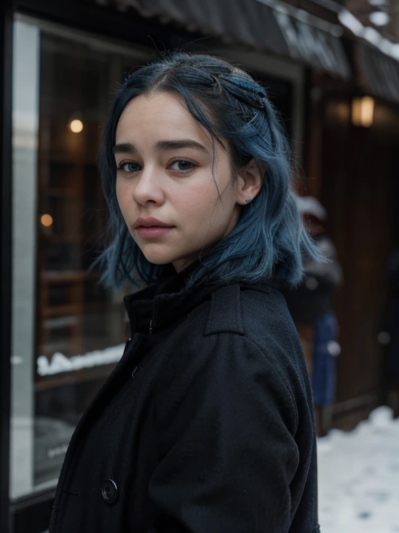 21 year old woman blue hair Emilia Clarke face, with a black coat
