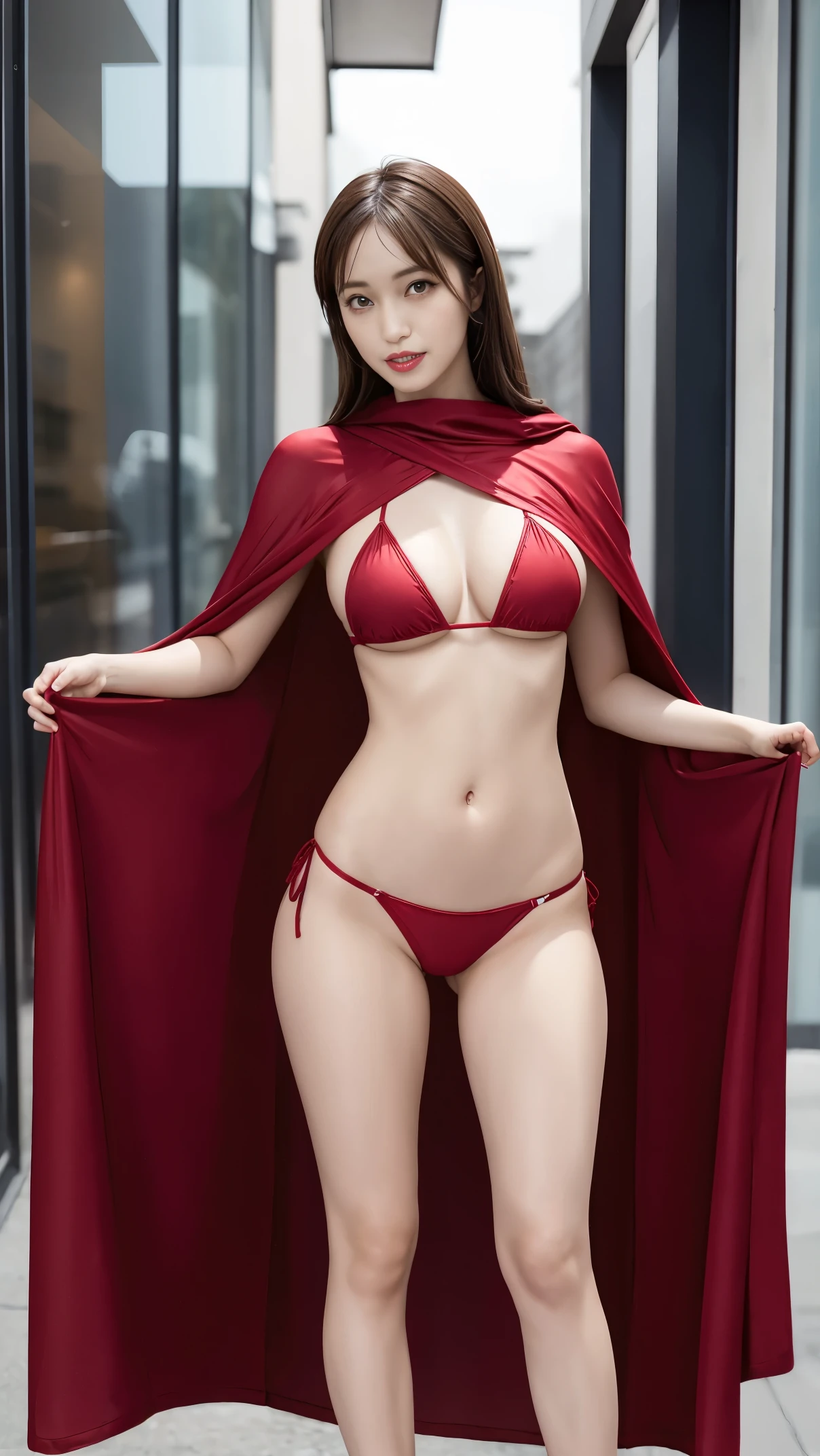 masterpiece, best quality, 1girl, solo, nahida_genshin, cross-shaped pupils, extreme micro red solid thong bikini, red cape, standing, big breasts, slender body, full body shot