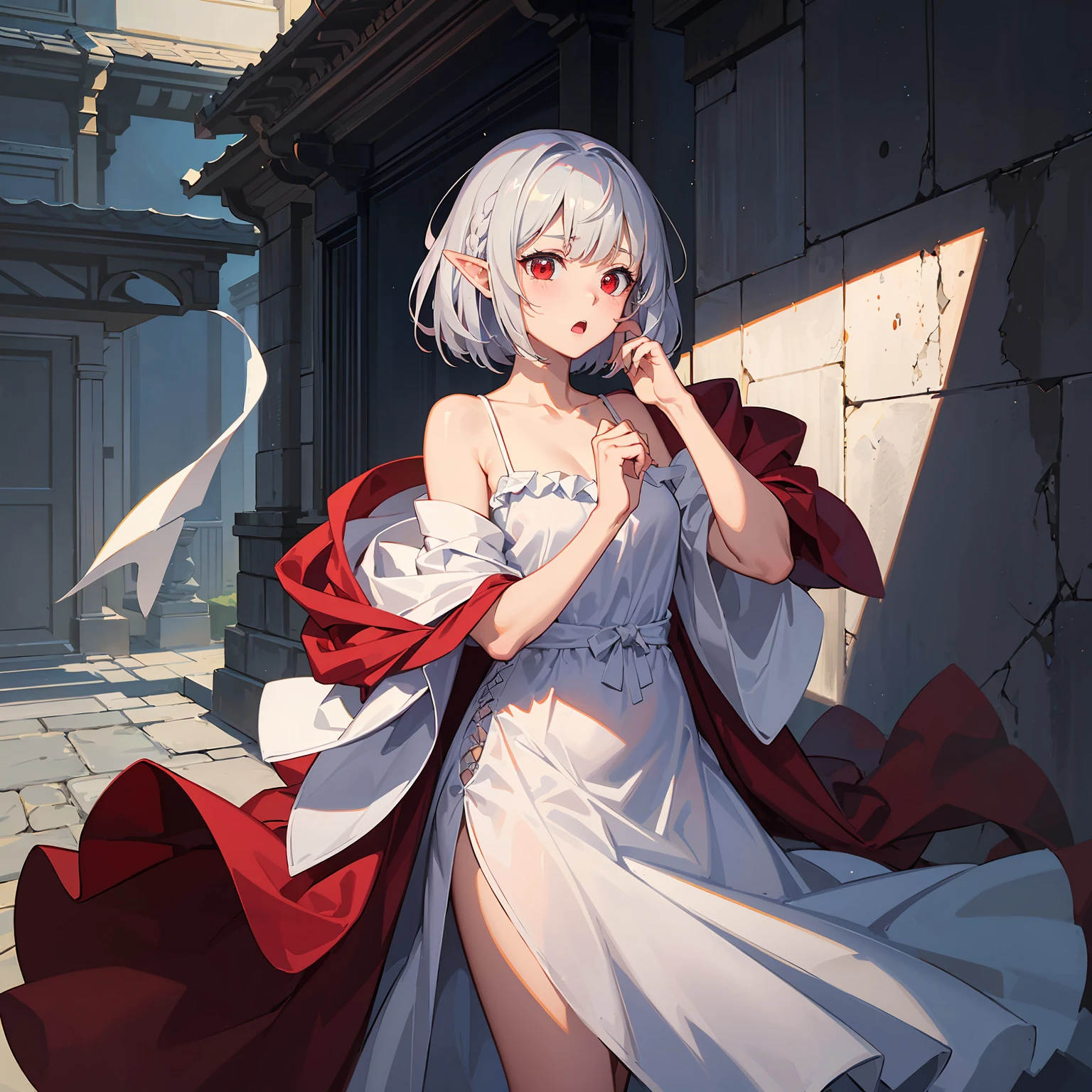((Put your hands on your face)), ((surprised)), (Red face), 1 Whole body of a girl, elvish, magician, silver haired, Red eyes, a bob cut, Braided hair, robe, frill, Camisole, cloak, culottes, gender change, speculum, concept arts, beautiful anime scene, Beautiful anime scenery, maximum quality, A masterpiece
