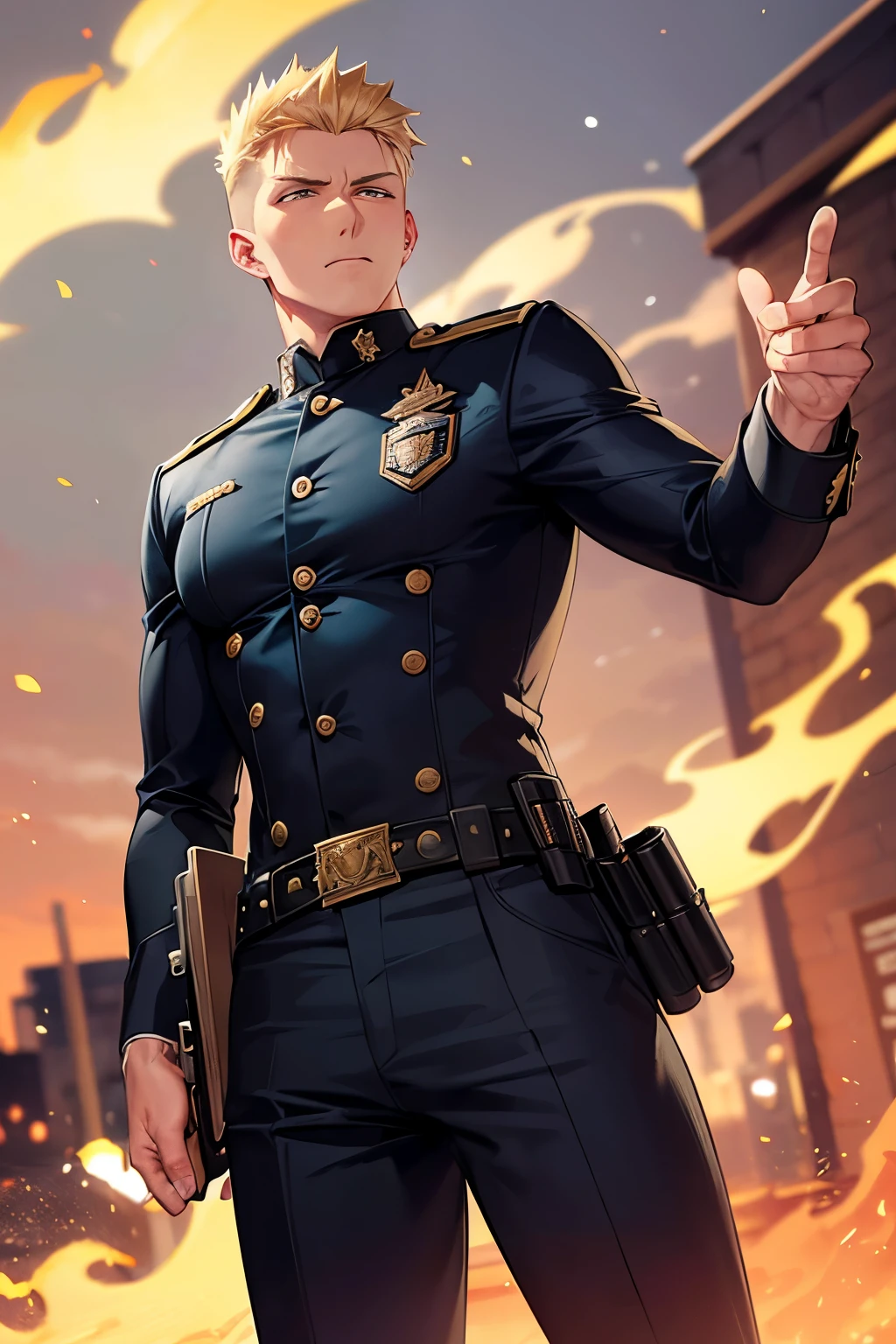 a man with short spiky blonde hair, muscular body, officer clothes, right fire arm