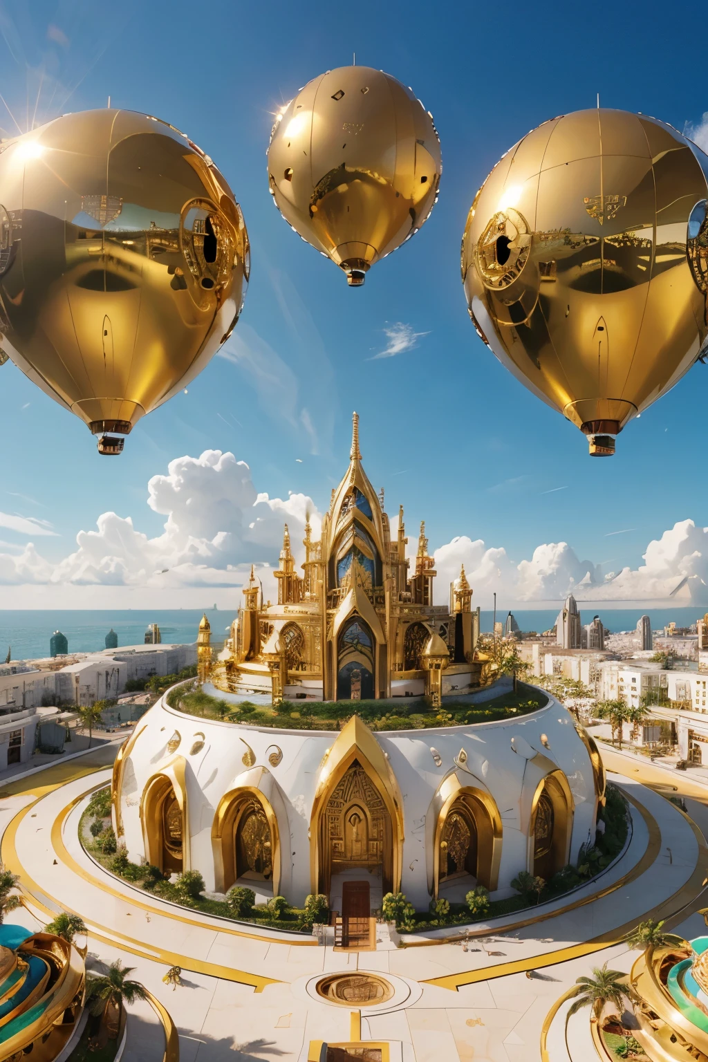 floating island city , humanoids wearing bright coloring, Golden Embellishments, Shiny White Marble, sunshine, beauty