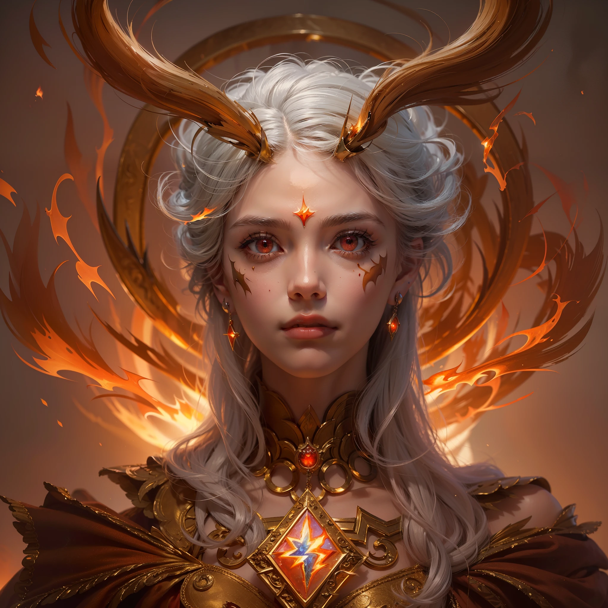 (Numerous award-winning masterpiece, with incredible detail, textures and maximum detail), (hyper realistic:1.4), (realistic:1.3), (upper body up:0.3), (full-body standing image:1.8), (best quality real texture skin), (finely detailed true circle Symmetrical eyes), finely detailed face, ((medieval world)), ((The Lord's blaze Devil)), ((The Lord's hellfire Devil)), (burn brightly icy look in the eye), (She has a mischievous smile on her face), (Eyes that glow red in the dark:1.5), (A pair of red eyes with strong red light emitting from within:1.5), (Use flashy flame magic:1.7), (Flames and flames swirling in the background), (Dramatic Light), (A majestic sight), (full-body standing image:1.8), (Her countenance is gentle and beautiful, but somehow terrifying), Glass earrings on the ears, (dramatic photo:1.4), ((dramatic pose)), (golden hair, silver hair, chestnut hair, white hair), Short cut hair, ((looks up)), ((looking down)), (Around her neck is a simple necklace of exquisite workmanship), (Bio luminescence with a brilliant glow:1.3), (Swirling flames), The Great Temple of the Devil, The Devil's Grand Shrine, great temple, great cathedral, temple ruins, detached temple, (Luminous magic circle:1.3), Ruins of an ancient castle, Shining majestic cloud masses and sky, lightning bolt, epic realistic, faded, art, (Greg Rutkowski:0.8), (teal and orange:0.4), (art station:1.5), cinematic, ((neutral colors)), (hdr:1.5), (muted colors:1.2), hyper detailed, dramatic light, (intricate details:1.1), complex background,