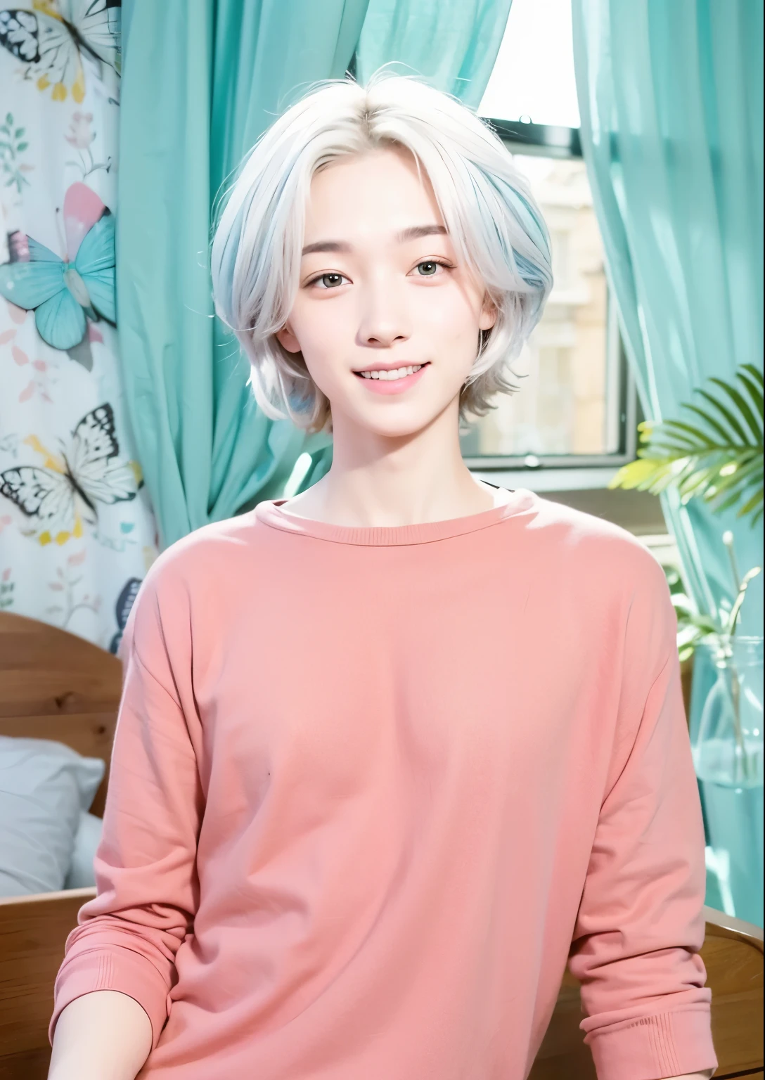 Young adult male, medium length white hair, pink sweater, green and blue heterochromia, cute smile