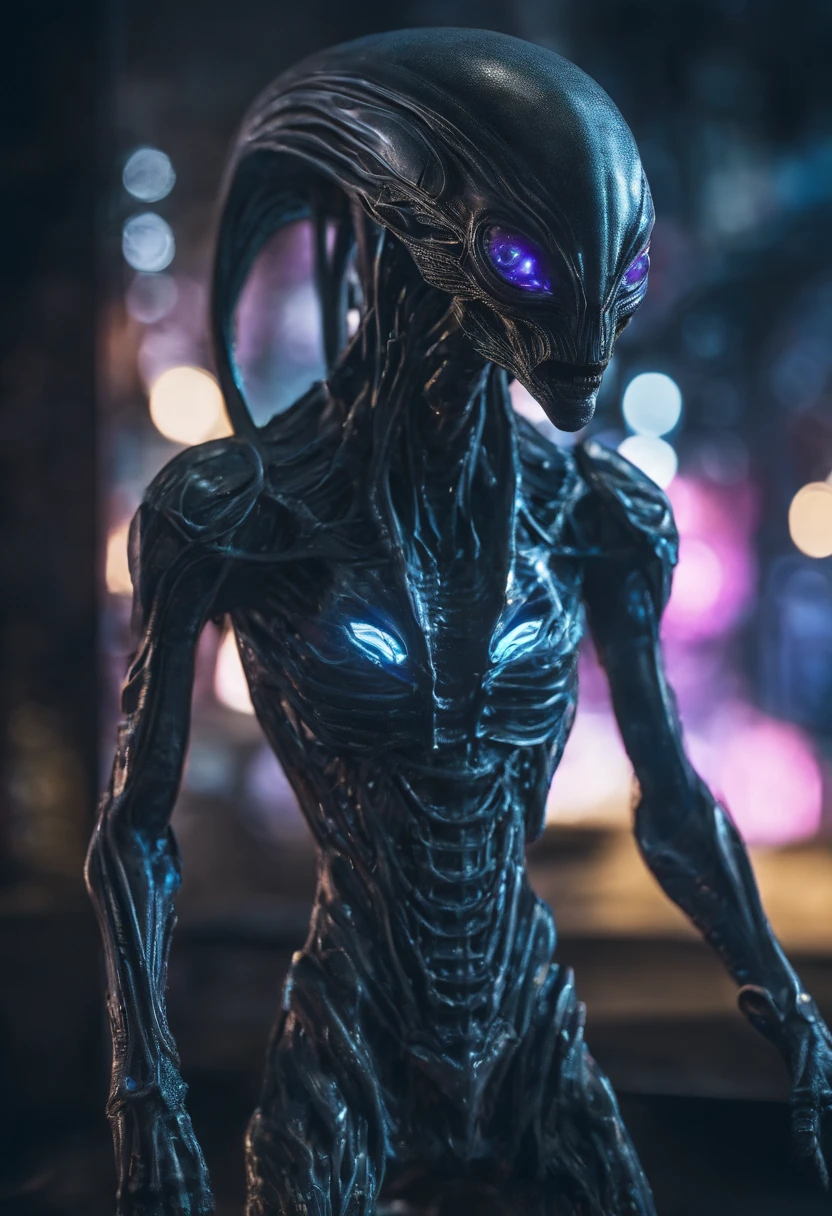 fantchar, a translucent ethereal alien with delicate features in a sci-fi setting, glowing from within, sparks and lights, moonlight, moon, close-up, realistic, highly detailed, intricate