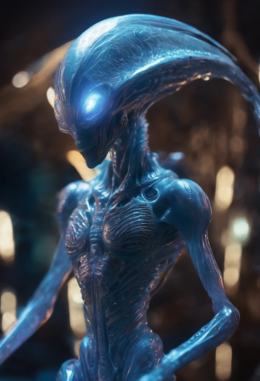 fantchar, a translucent ethereal alien with delicate features in a sci-fi setting, glowing from within, sparks and lights, moonlight, moon, close-up, realistic, highly detailed, intricate