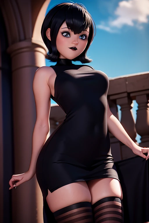 Mavis dracula sexy vestido negro ajustado con mangas y escote sexy, gothic makeup short hair bob style thick and voluminous lips perfect detailed blue eyes pale skin long open legs red Converse tennis shoes slender body 1.2 high resolution 12k image on the castle balcony 