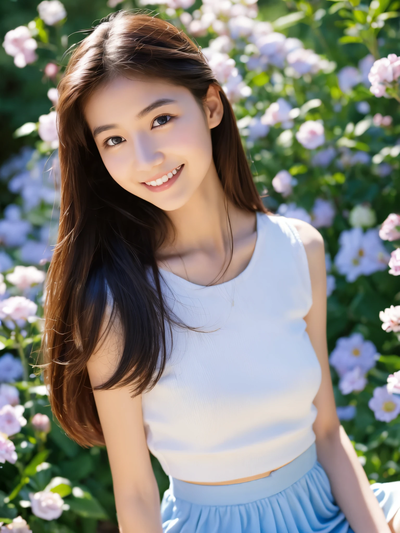 ((best qualtiy, 8K, tmasterpiece:1.3)),Focus:1.2, female high-school student，Drive a motorcycle，Perfect S-Shaped Body，（A look of determination）（adolable），delicated face，Long hair waist-length，long hair flowing，Tilt your head，ssmile，Hair details，Delicate Full Body Portrayal，Delicate depiction of the face，Best picture quality，A high resolution，细致背景，Delicate portrayal，exquisitedetails，Rich in detail，Facial strengthening，(Short crop top，short  skirt)，with blue sky and white clouds，Sitting Among the Flowers，wooden cabin，There are no bags under the eyes