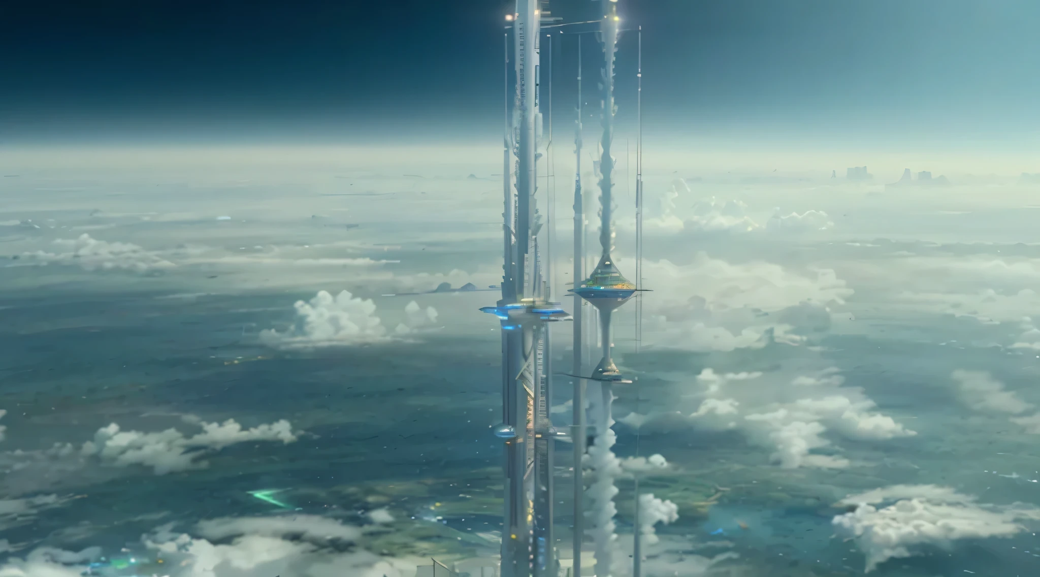 Veja uma torre alta acima das nuvens, elevador espacial, An orbital elevator floating in the sky, Torre futurista, Science, The skyscraper of the future, Epic Megabuilds, science fiction matte painting, Epic Photos from Sci-Fi Movies, in science fiction films, Epic Photos from Sci-Fi Movies, megaestruturas