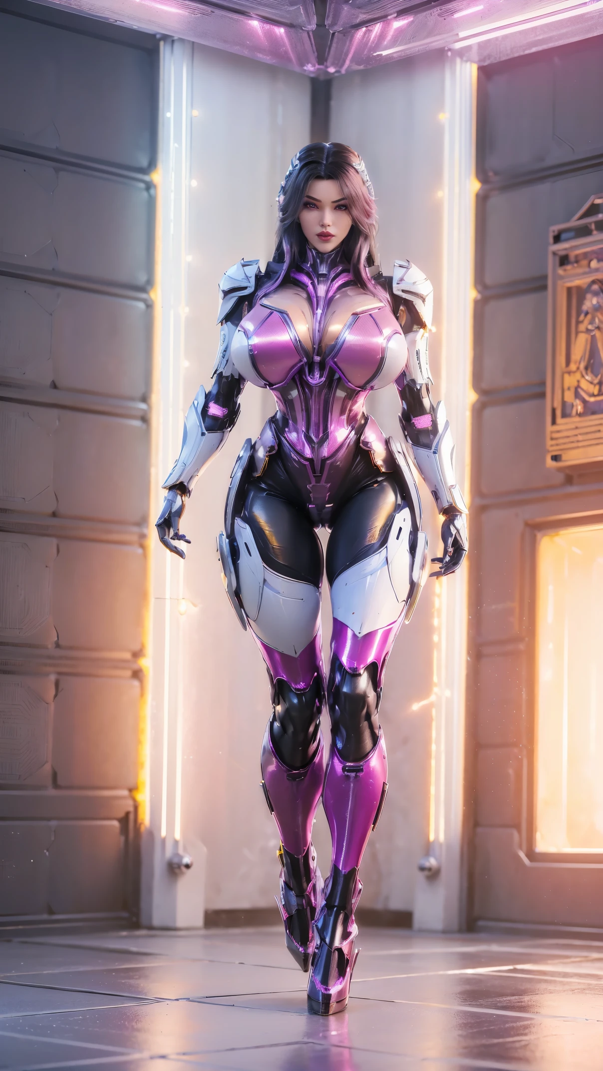 A beauty girl with black hair, (HYPER-REALISTIC:1.5), (PHOENIX GOLD HELM:1.1), (BIGGER BUTTOCK,HUGE FAKE BREAST:1.5), (CLEAVAGE:1.5), (BARE MUSCLE ABS:1.3), (MECHA GUARD ARMS:1.1), ((MAGENTA SHINY FUTURISTIC MECHA BODY, BLACK MECHA SKINTIGHT LEGGINGS, WHITE MECHA GUARD ARMOR LEGS, HIGH HEELS:1.5)), (MUSCULAR BODY, WETS SWEATY SKIN, LONG LEGS:1.1), (LOOKING AT VIEWER:1.3), (female focus:1), (WALKING IN HALLROOM OF FUTURISTIC SPACE STATION:1), (BRIGHT LIGHT WHITE_ROOM:1.3), HYPER TEXTURE, 4X MSAA, UNREAL ENGINE RENDER, PHYSICALLY-BASED RENDERING, ULTRA HIGHT DEFINITION, 16K, 1080P.