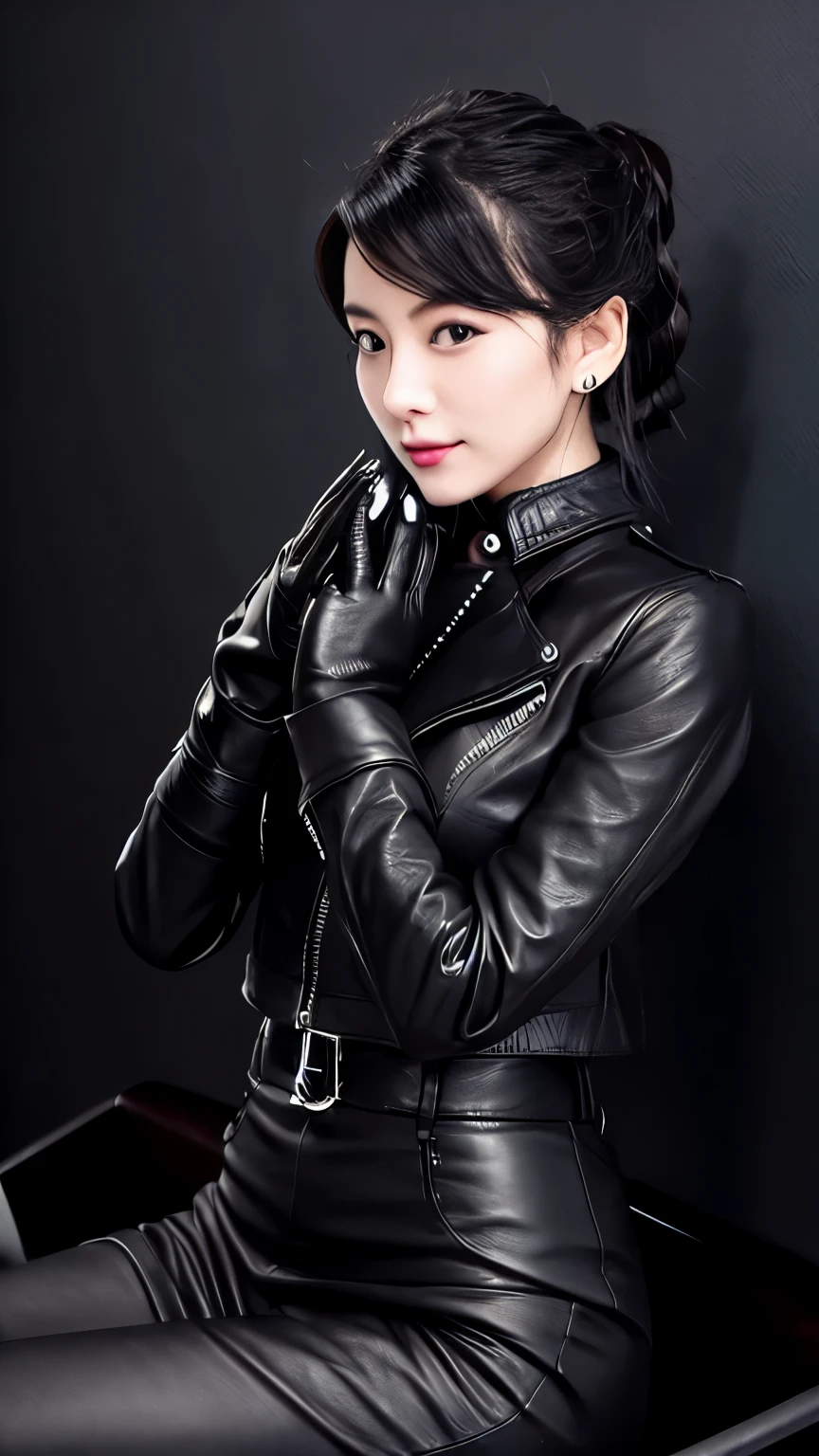 Black leather riders jacket, Office in the Dark, Black leather glove fingertips on both hands,Wearing black leather gloves,Sitting in a black leather chair、 Japan Female New Employees (Black leather gloves cover both hands) (The angle is sideways)、Black Leather Leather Pants,Black Leather Black Leather Pants,Black Leather Skinny Pants、Long black leather boots on both feet、Black Hair Ponytail ((He wears black leather gloves on his hands))full body photo,Full Body Shot Full Body Full Body Leather Suit,☺If you turn in this direction。Wearing black leather gloves,Wearing black leather gloves,Wearing black leather gloves,Wearing black leather gloves,Wearing black leather gloves,Wearing black leather gloves,黒のレザーパンツが美しい😍黒のレザーパンツが美しい😍黒のレザーパンツが美しい,😍I'm smiling while looking at you,full body photo,full body photo,Full body leather wear