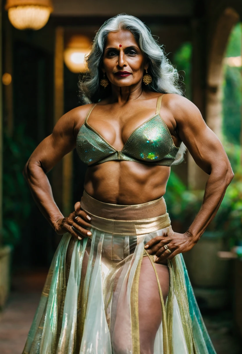 pavna, a 50-year-old indian ifbb, dark skinned, white hair, thick lips, wearing a iridescent sheer skirt and a shiny gold bra 