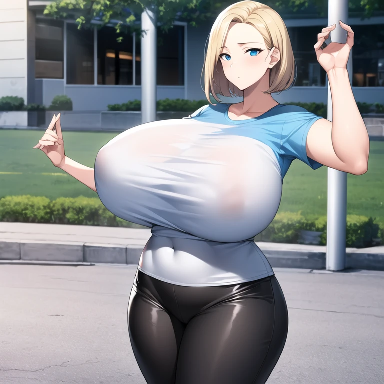 masterpiece, best quality, 1girl, solo, mature female, gigantic breasts, narrow waist wide hips, curvy, straight hair, short hair, blonde hair, blue eyes, white t-shirt, black pants, outdoors