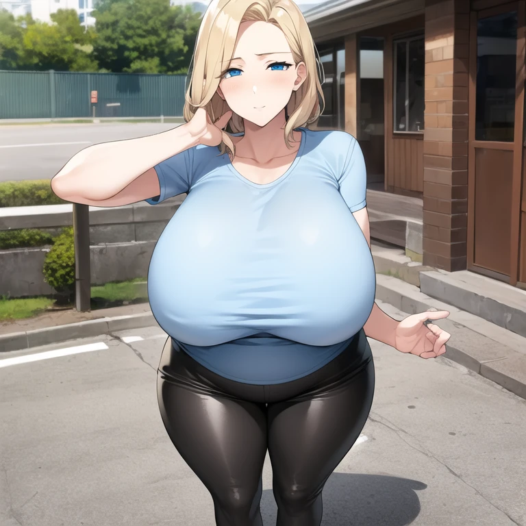 masterpiece, best quality, 1girl, solo, mature female, gigantic breasts, narrow waist wide hips, curvy, straight hair, short hair, blonde hair, blue eyes, white t-shirt, black pants, outdoors