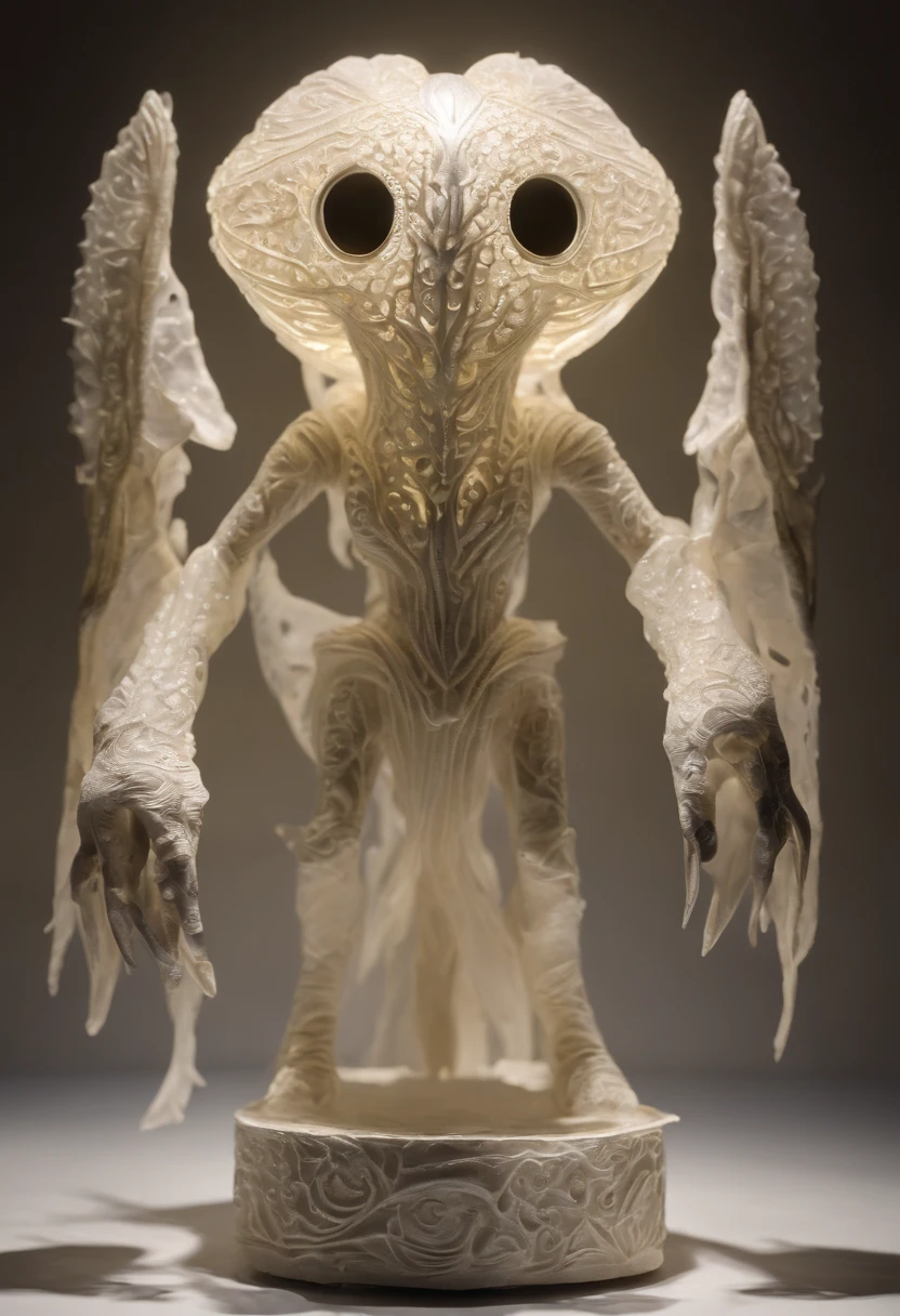 fantchar, a translucent ethereal alien with delicate features in a sci-fi setting, glowing from within, sparks and lights, moonlight, moon, close-up, realistic, highly detailed, intricate
