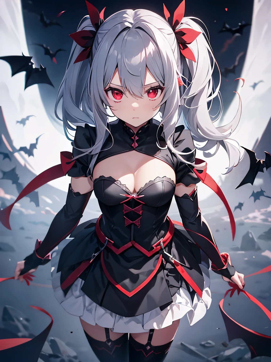 gray hair　red eye　Magical girl　enemy　darkness　darkness堕ち　1 person　the bats