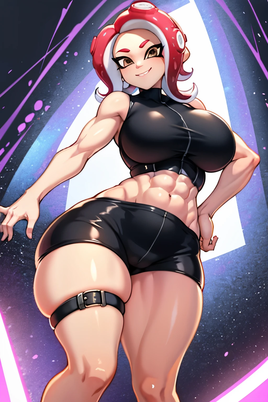 agent 8, octarian, red hair, short hair, tentacle hair, midriff, thigh strap, huge thick thighs, abs, looking at viewer, smile, wide hips, large breasts, hips to the side, 