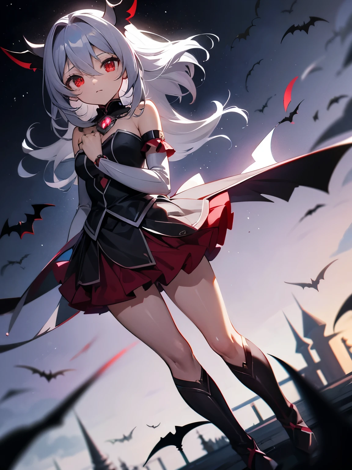 knee high　Long gloves　mini dress　gray hair　red eye　odd eye　Black costume　high resolution