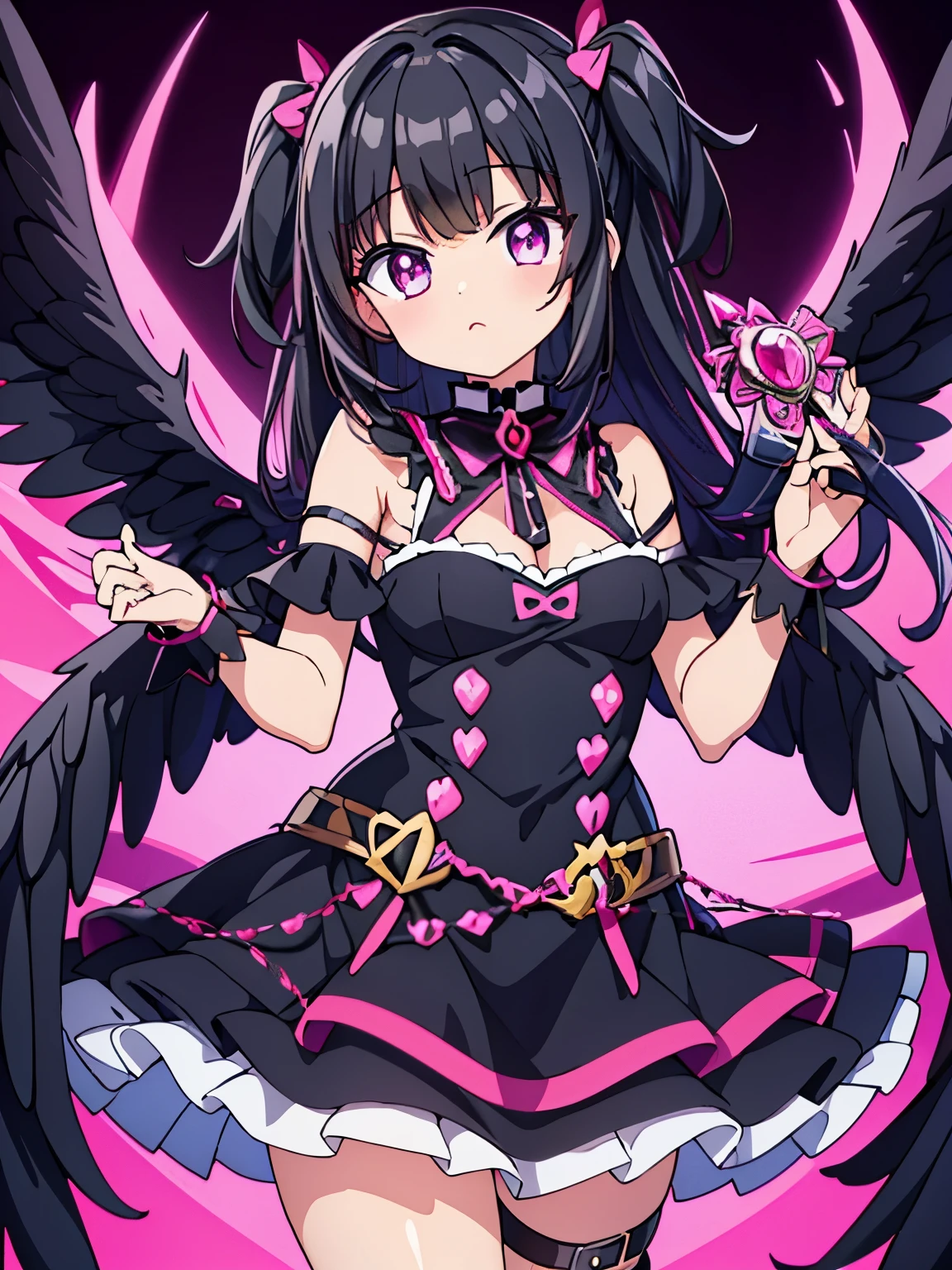 black hair　pink eyes　Magical girl　Magical girlステッキ　frills　mini dress　fallen angel image　1 person　sexy