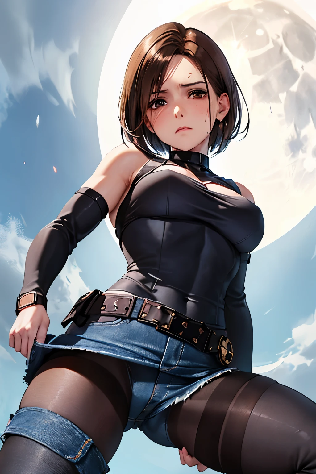 muste piece, best quality, 1 girl,brown hair, (black eye:1.2)、((No sleeve))、((embarrassed expression))、((full moon))、((Photo from below))、(((thigh high boots)))、((short hair))、((denim mini skirt))、((blouse))、((C cup breasts))、((spread legs))、((Jill Valentine))、(((black pantyhose)))